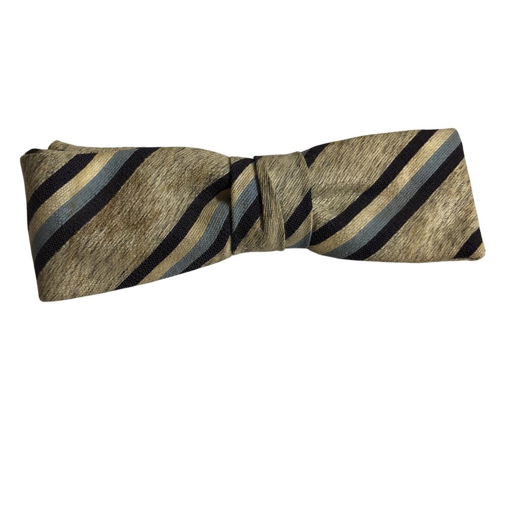 Tan Blue White Black Striped Vintage Clip On Beau Junior Bowtie